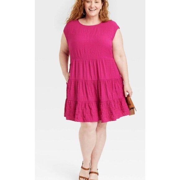 Knox Rose Dresses & Skirts - Knox Rose Dress XL Pink Crinkle Gauze Tiered Short Drop Waist - 010